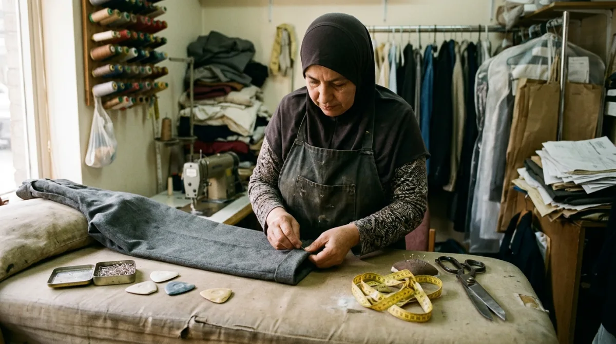 A woman in a headscarf and apron pinning the hem of grey trousers on a pressing table