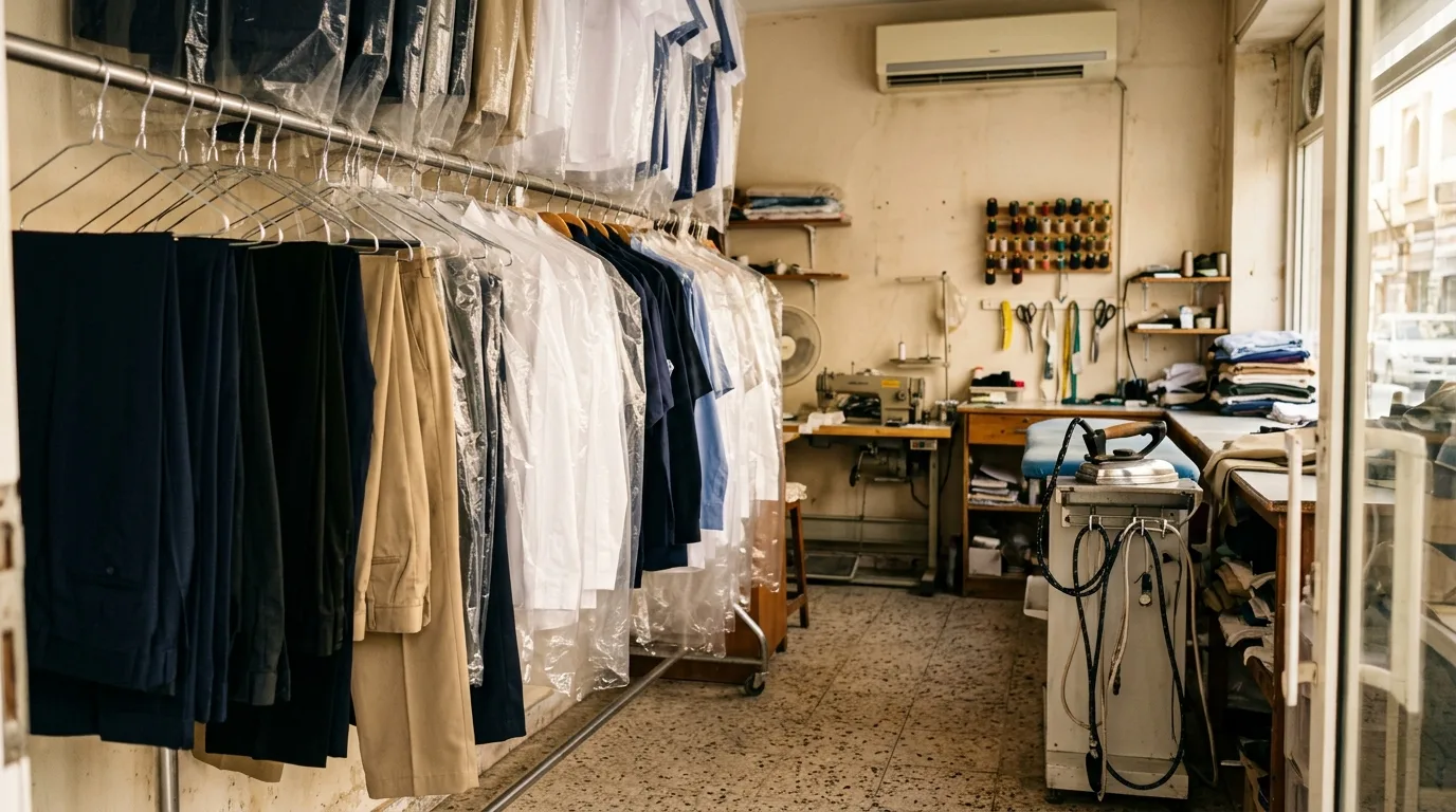 A small alteration shop with a rail of trousers and uniform shirts in plastic covers, and a steam pressing station and sewing machine behind
