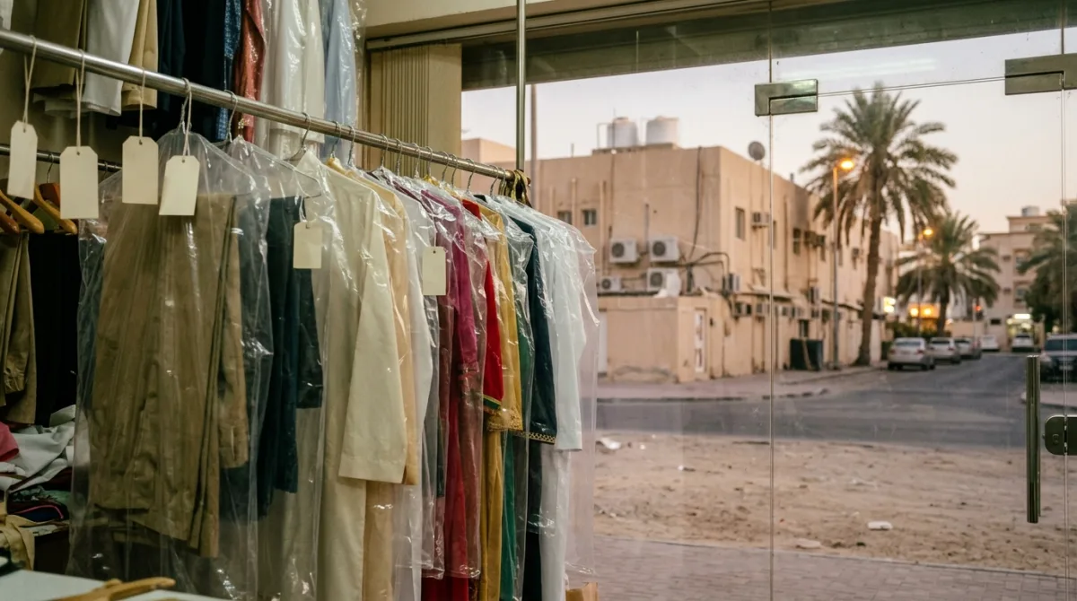 Altered clothes in garment bags with blank tags on a rail by the shop window, with palm trees in the street outside at dusk