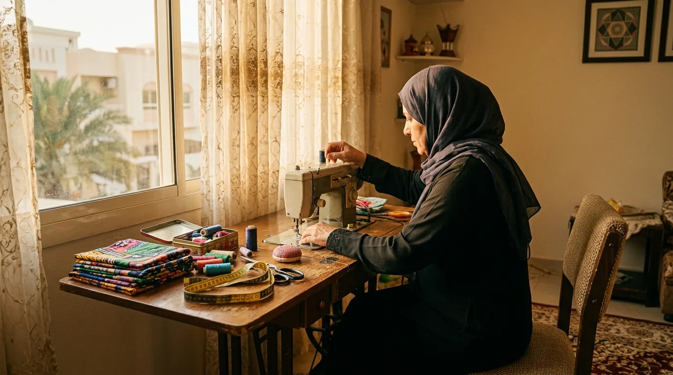 A woman in a headscarf threading a sewing machine by a window at home, with folded fabric, thread and a tape measure on the table