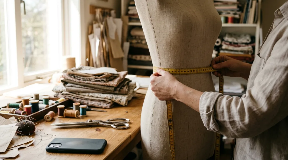 Hands holding a tape measure around the waist of a dress form in a home sewing room, a phone face down on the table