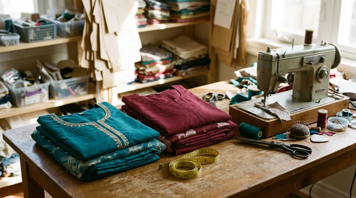 Two finished salwar kameez suits, one teal and one maroon with embroidered necklines, folded beside a sewing machine