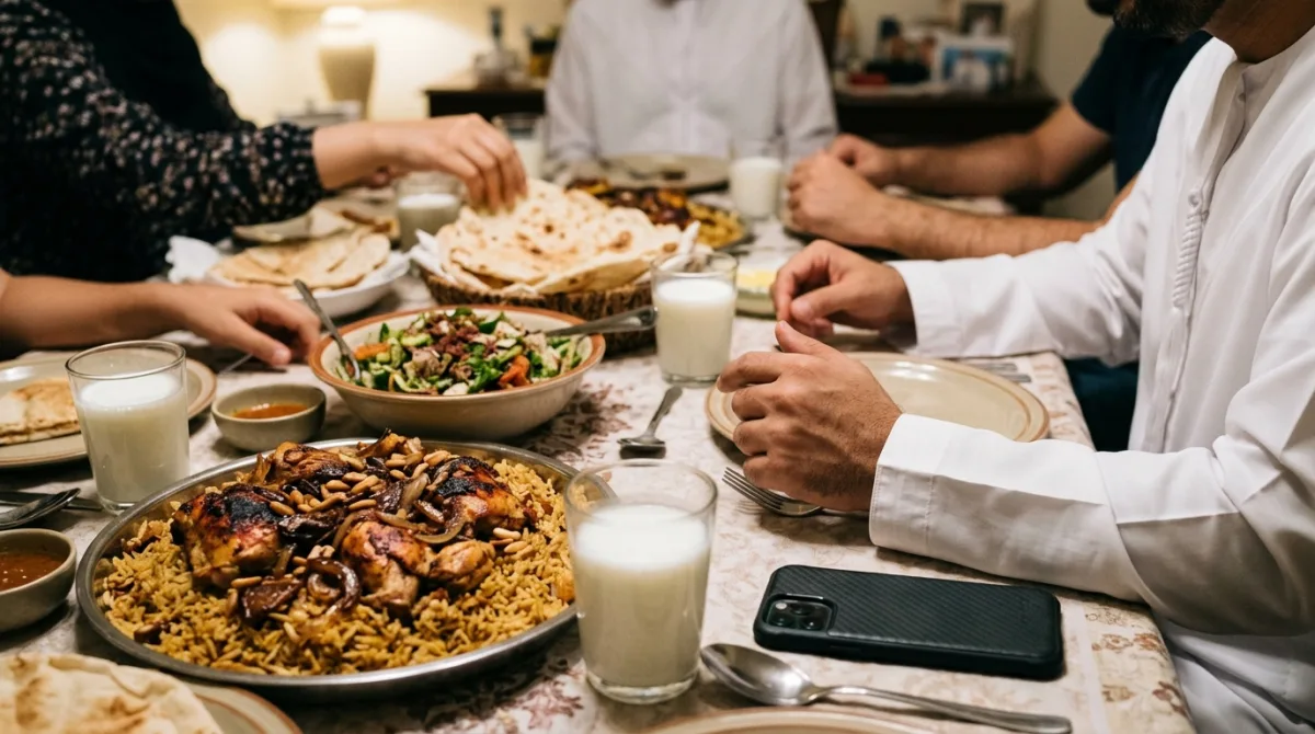 A family dinner table with rice and chicken, bread and glasses of laban, and a phone lying face down beside a plate