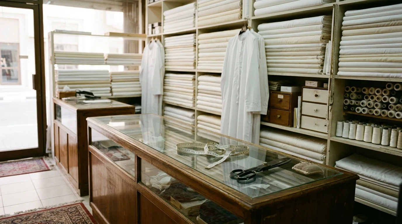 A kandura shop counter with bolts of white fabric on shelves behind it and a tailor's measuring tape on the glass