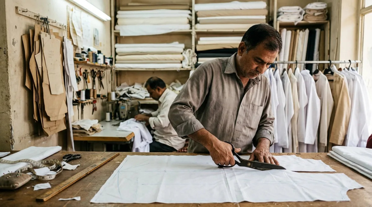 A tailor cutting white kandura fabric on a long table in the shop's workroom, with a second tailor at a sewing machine behind him
