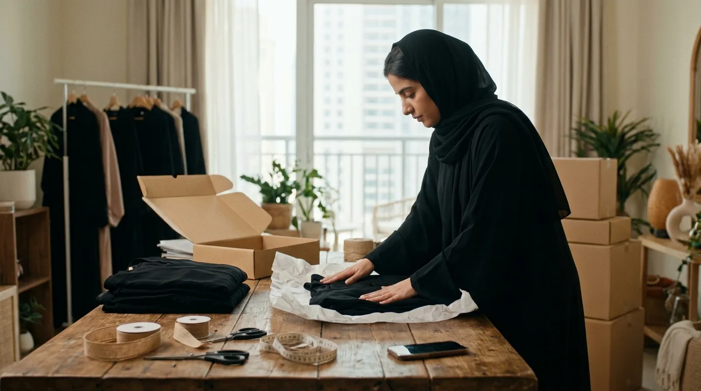 A woman in a black abaya folding an abaya into tissue paper at a packing table, with boxes, ribbon and a rail of abayas behind her