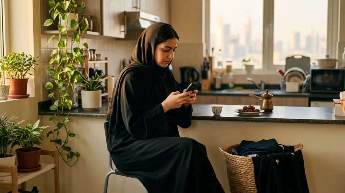 A woman in a black abaya at a kitchen counter with Arabic coffee and dates, looking at her phone, the Dubai skyline in the window