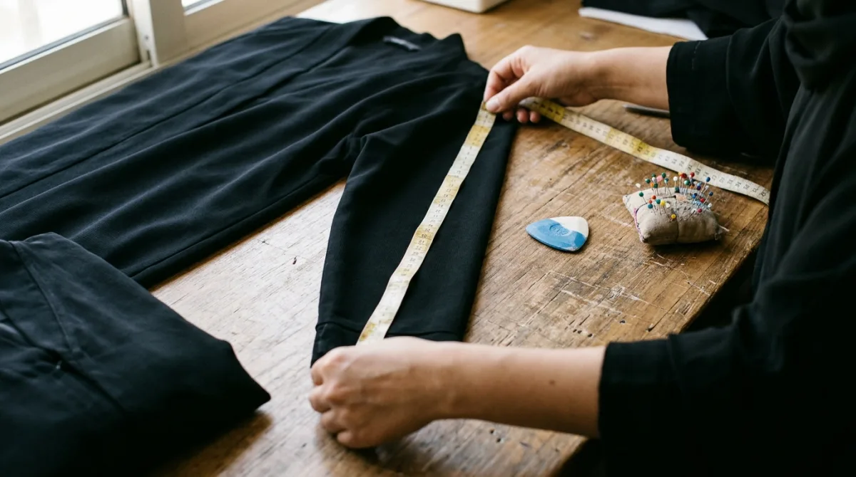 Hands measuring the sleeve of a black abaya laid flat on a wooden table, with a tape measure, a pin cushion and tailor's chalk