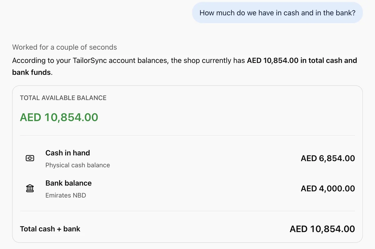 ChatGPT answering "How much do we have in cash and in the bank?" with the cash in hand, the bank balance and the total, taken from TailorSync