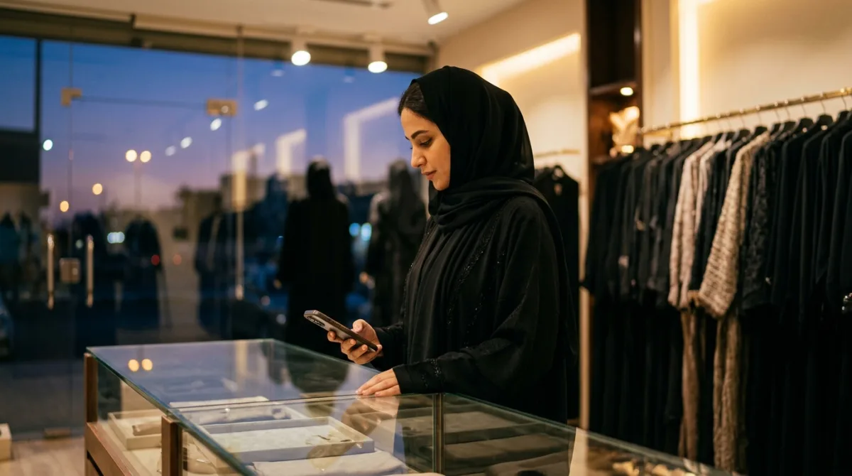 A woman in a black abaya at the glass counter of her boutique in the evening, looking at her phone