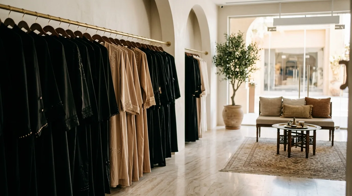 An abaya boutique with embroidered abayas on a long rail, a small seating area on a rug and daylight from the shopfront