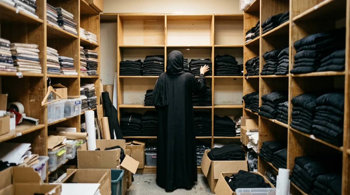 A woman in an abaya checking the shelves of a boutique stockroom, some of them half empty