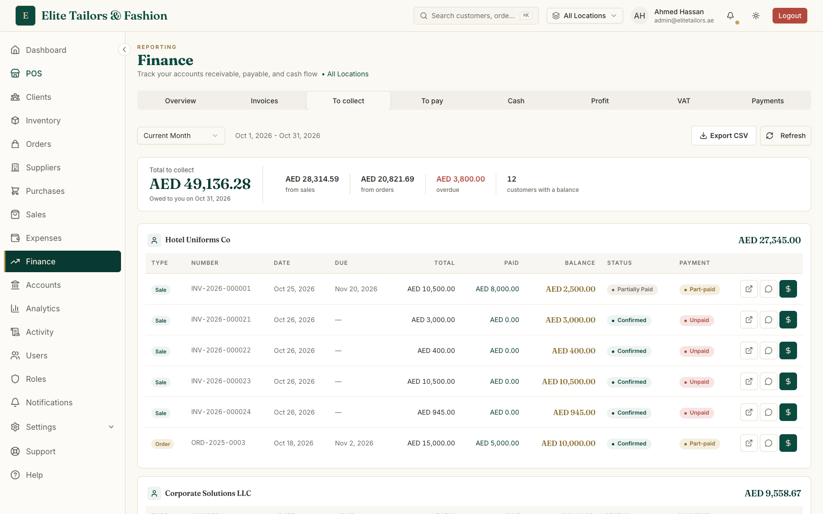 The To collect tab with the total outstanding band and a panel for each customer listing their unpaid items