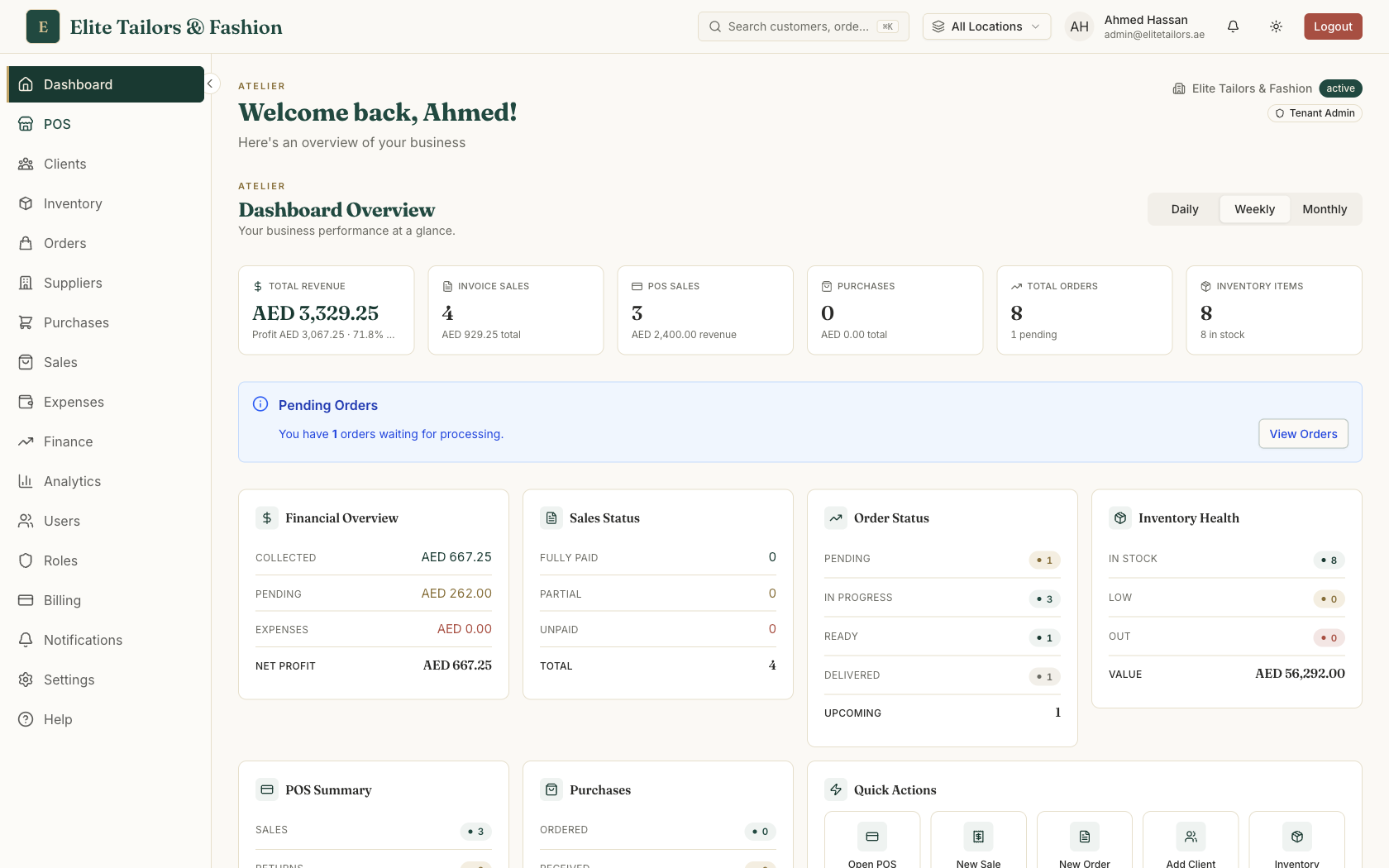 The TailorSync dashboard with the left sidebar menu and the top bar holding search, notifications and your account
