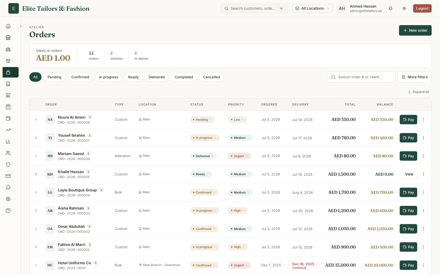 A tailoring orders list showing the balance owed at the top, status filters, and every order as one row with its delivery date and balance