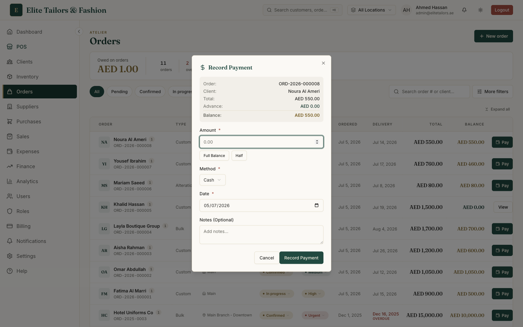 A record-payment dialog showing the order total, the advance already paid, the balance due, and Full Balance and Half shortcuts