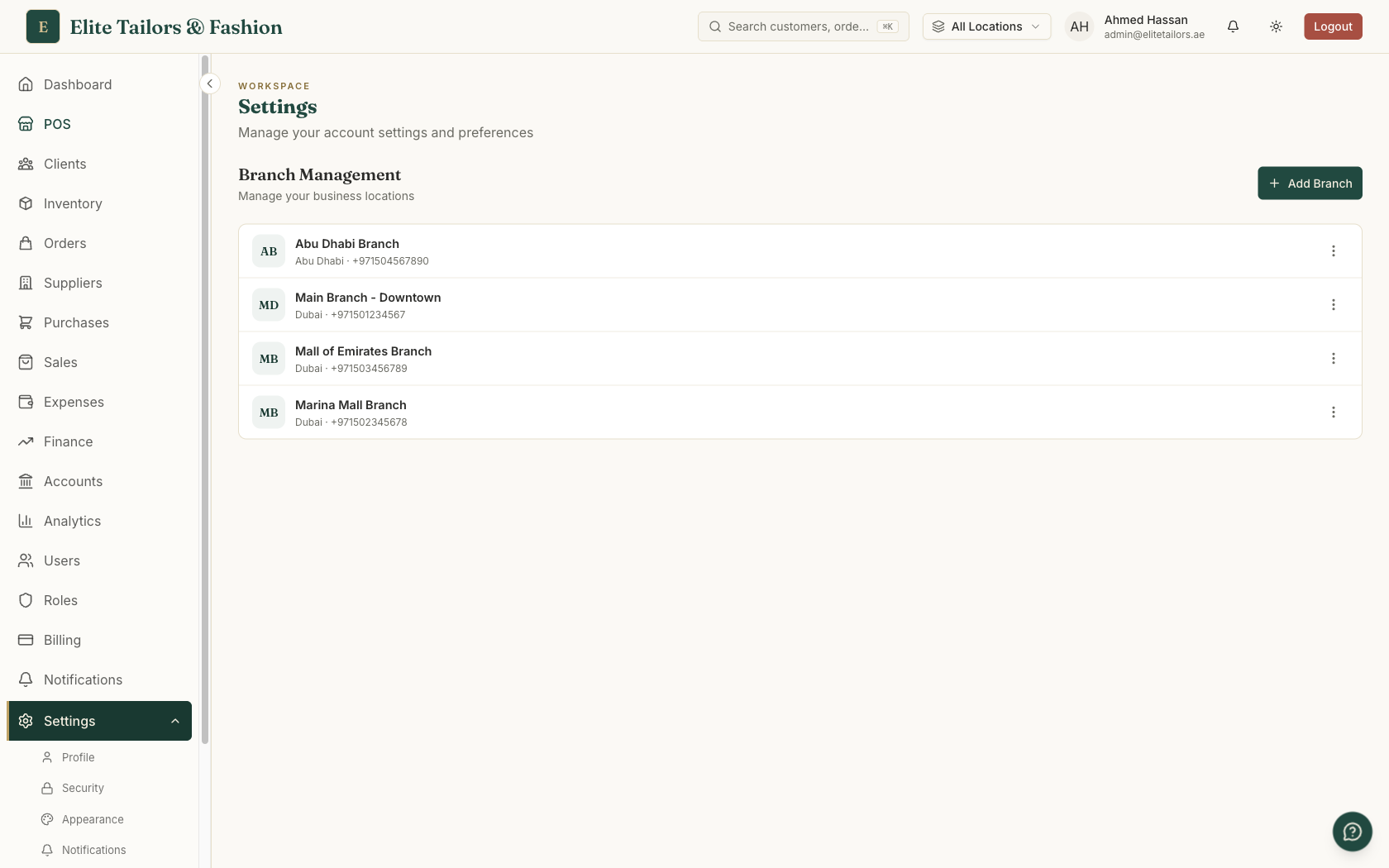 A multi-branch settings screen listing each shop location with its city, phone and assigned manager, plus a per-branch actions menu