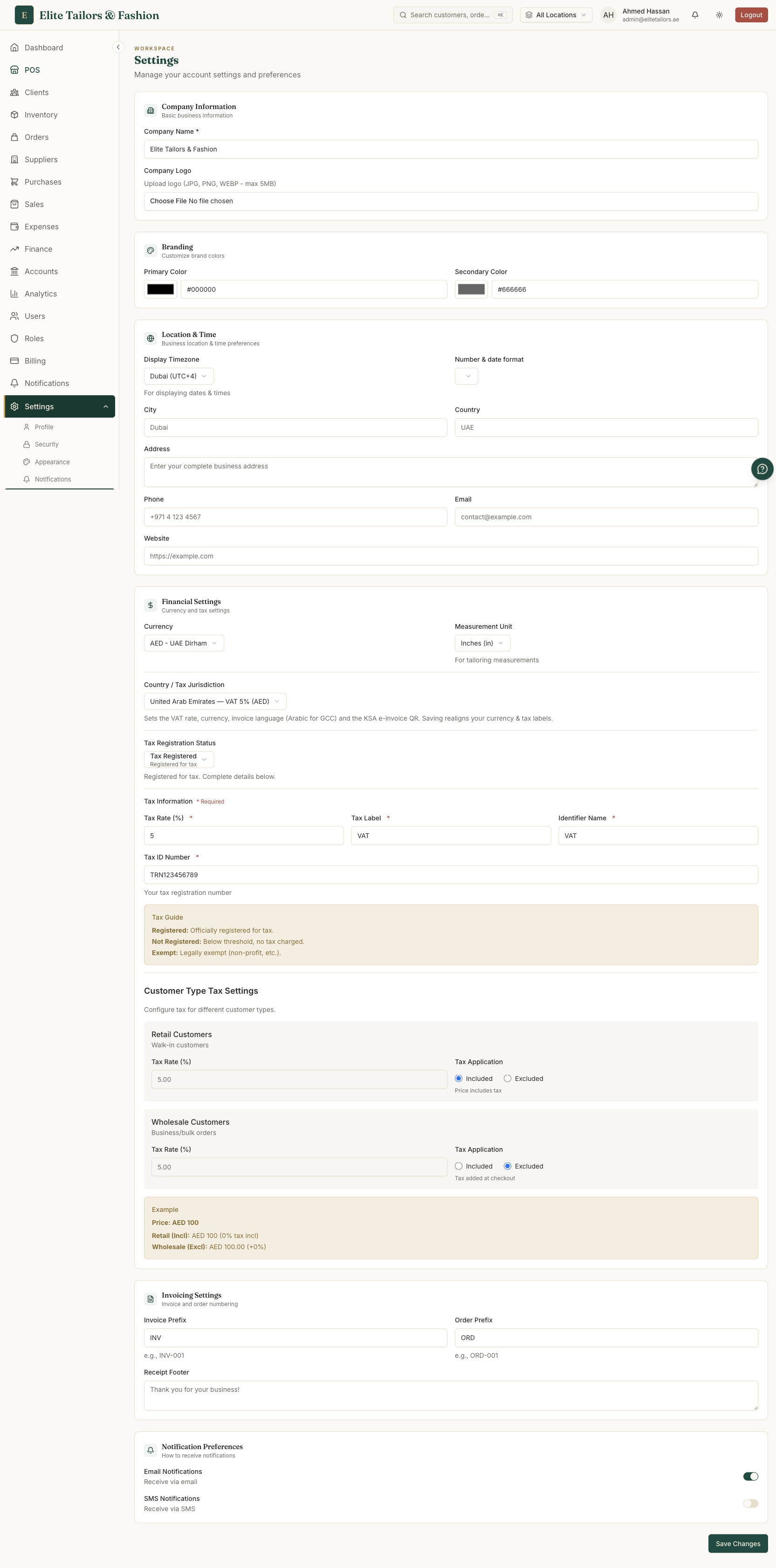 The Business settings in TailorSync showing the company name field and the logo upload area where shop branding is set up